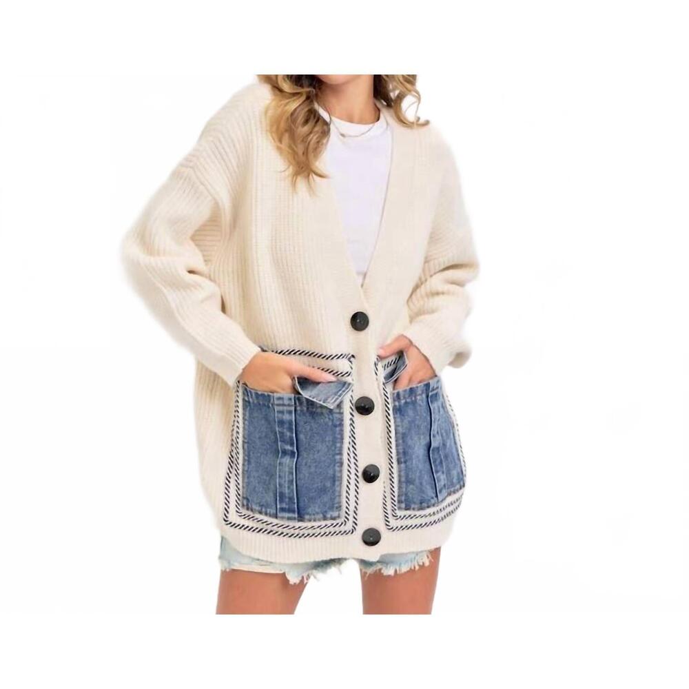 NEW BNS knit sweater cardigan with denim pockets in ivory